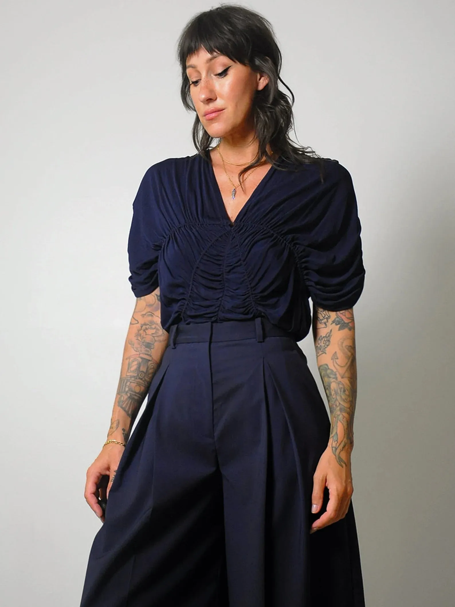1930's Navy Ruched Blouse