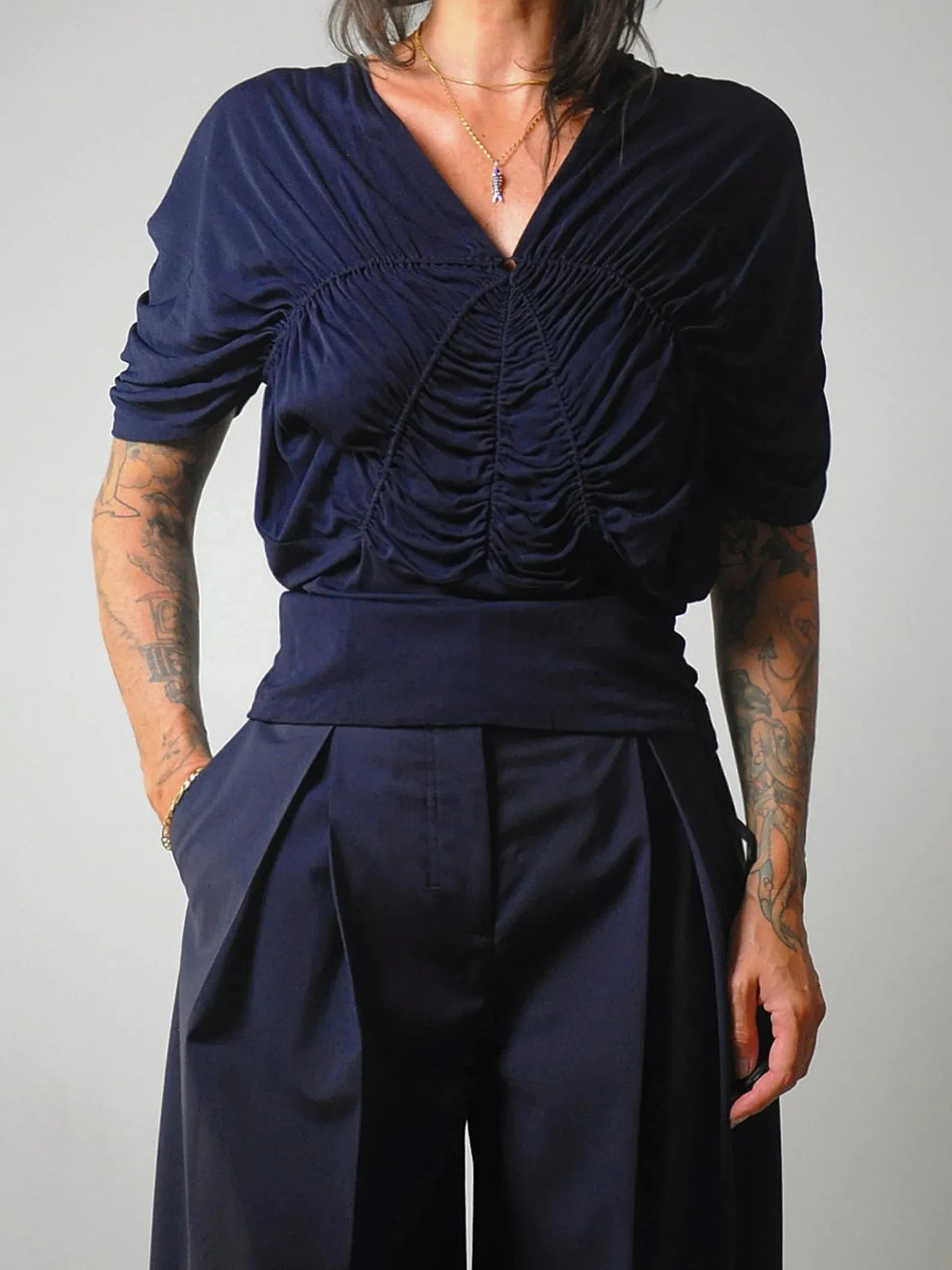 1930's Navy Ruched Blouse