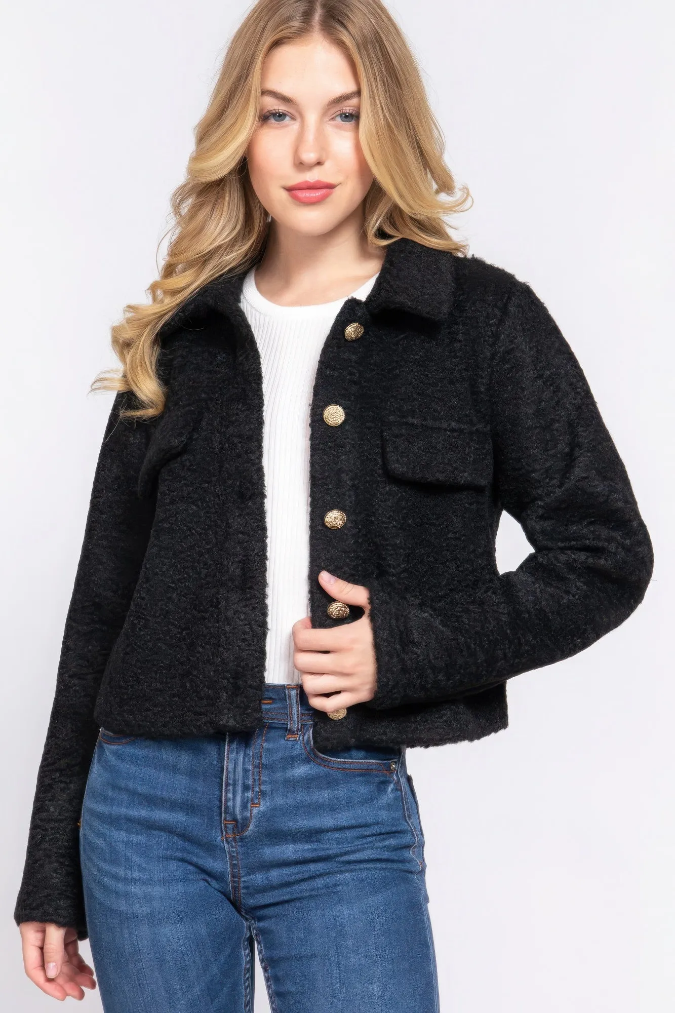 Active USA | Long Sleeve Teddy Fleece Short Jacket