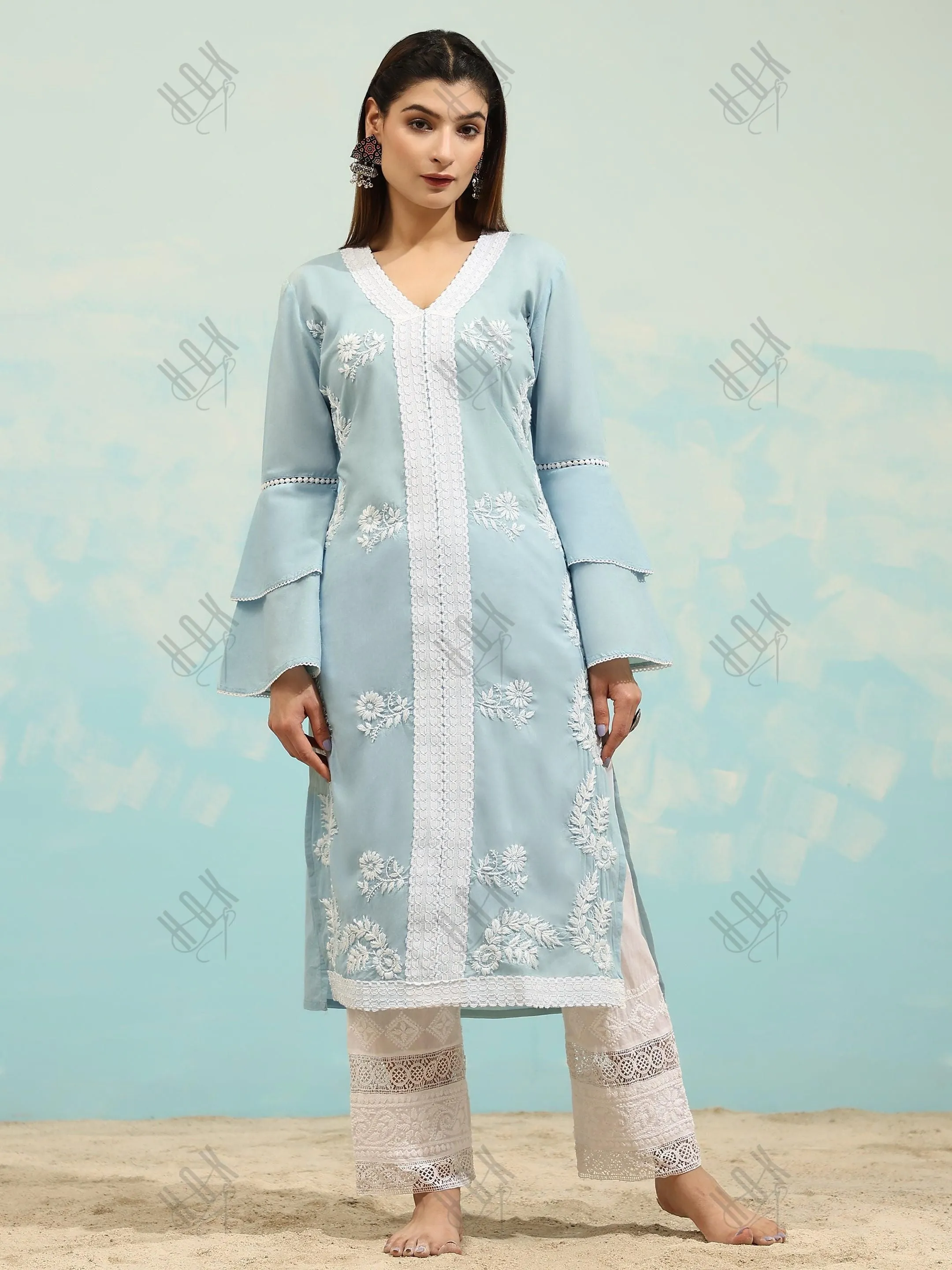 Akshita in Chikankari Long Kurti In Cotton for Women- Sky Blue