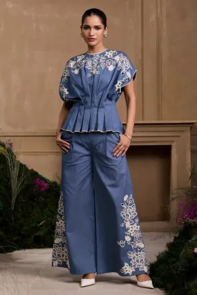 Blue Contrast Cutwork Pleated Top With Flared Pants