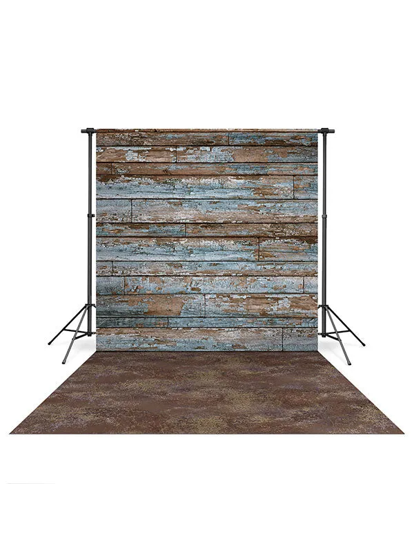 Blue Grunge Wood Backdrop and Scraped Concrete Floor Drop Bundle