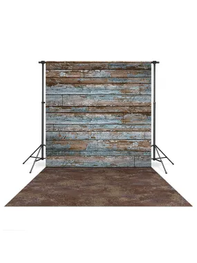 Blue Grunge Wood Backdrop and Scraped Concrete Floor Drop Bundle