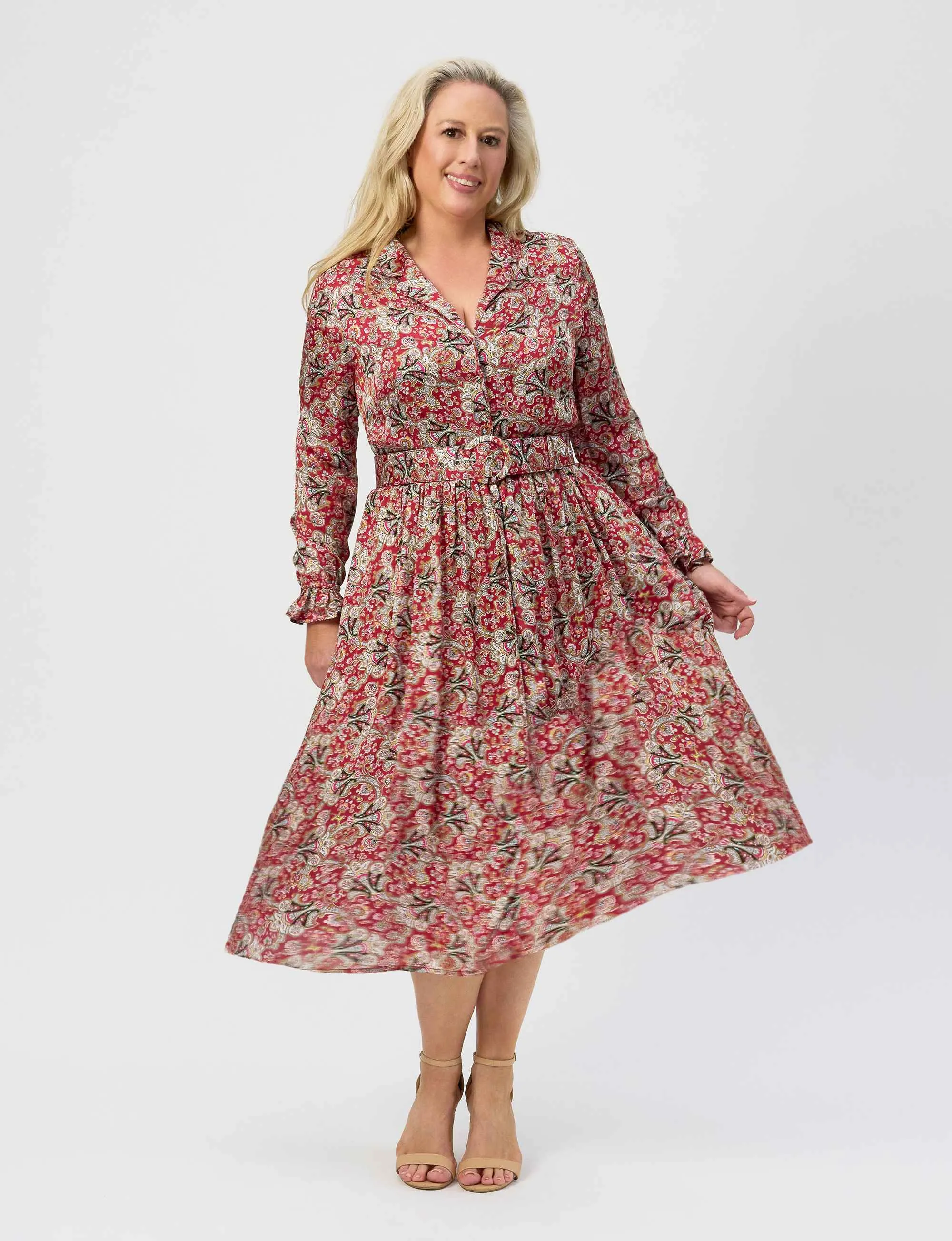 Carlotta Red 'Filigree Fan' Luxe Viscose Satin Shirtdress