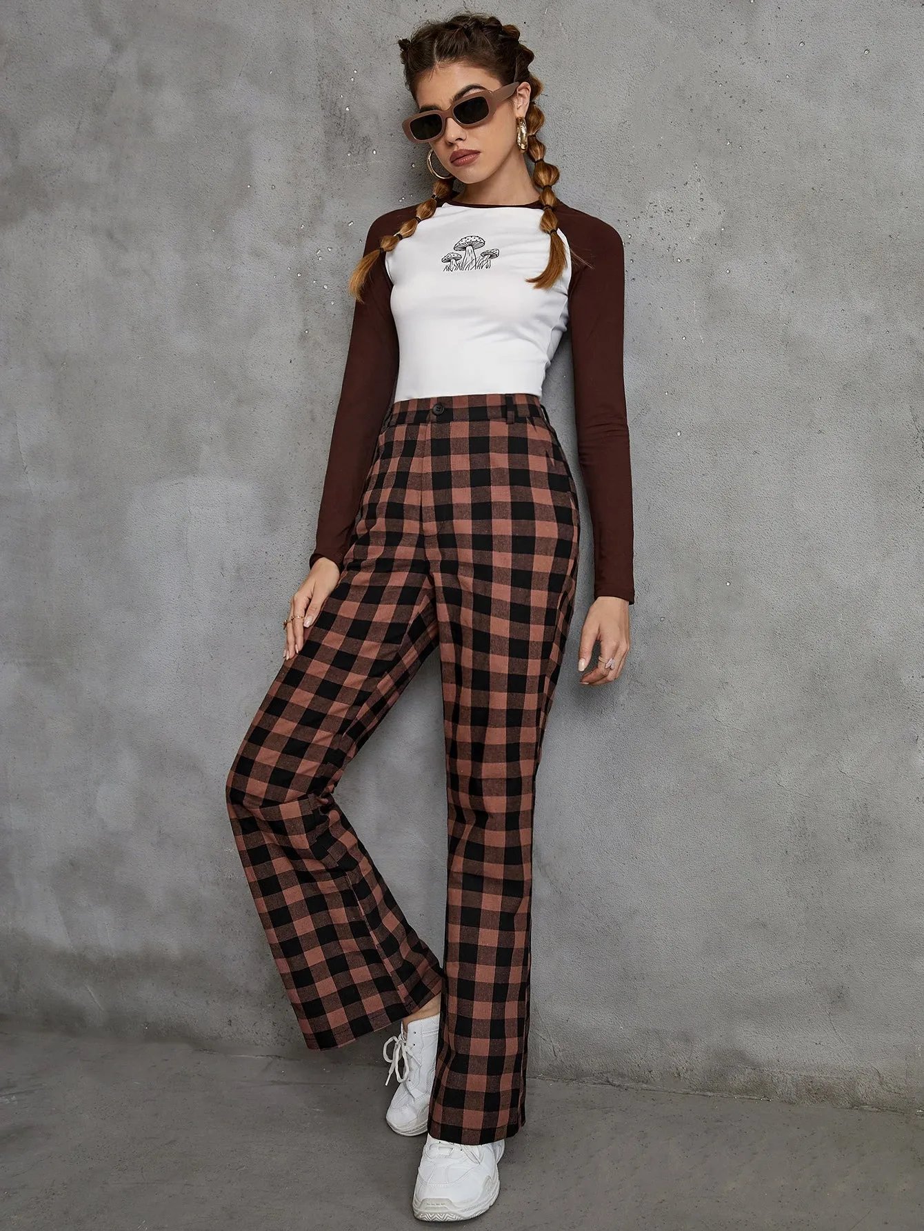 Casual Gingham Zipper High Waist Long Women Pants