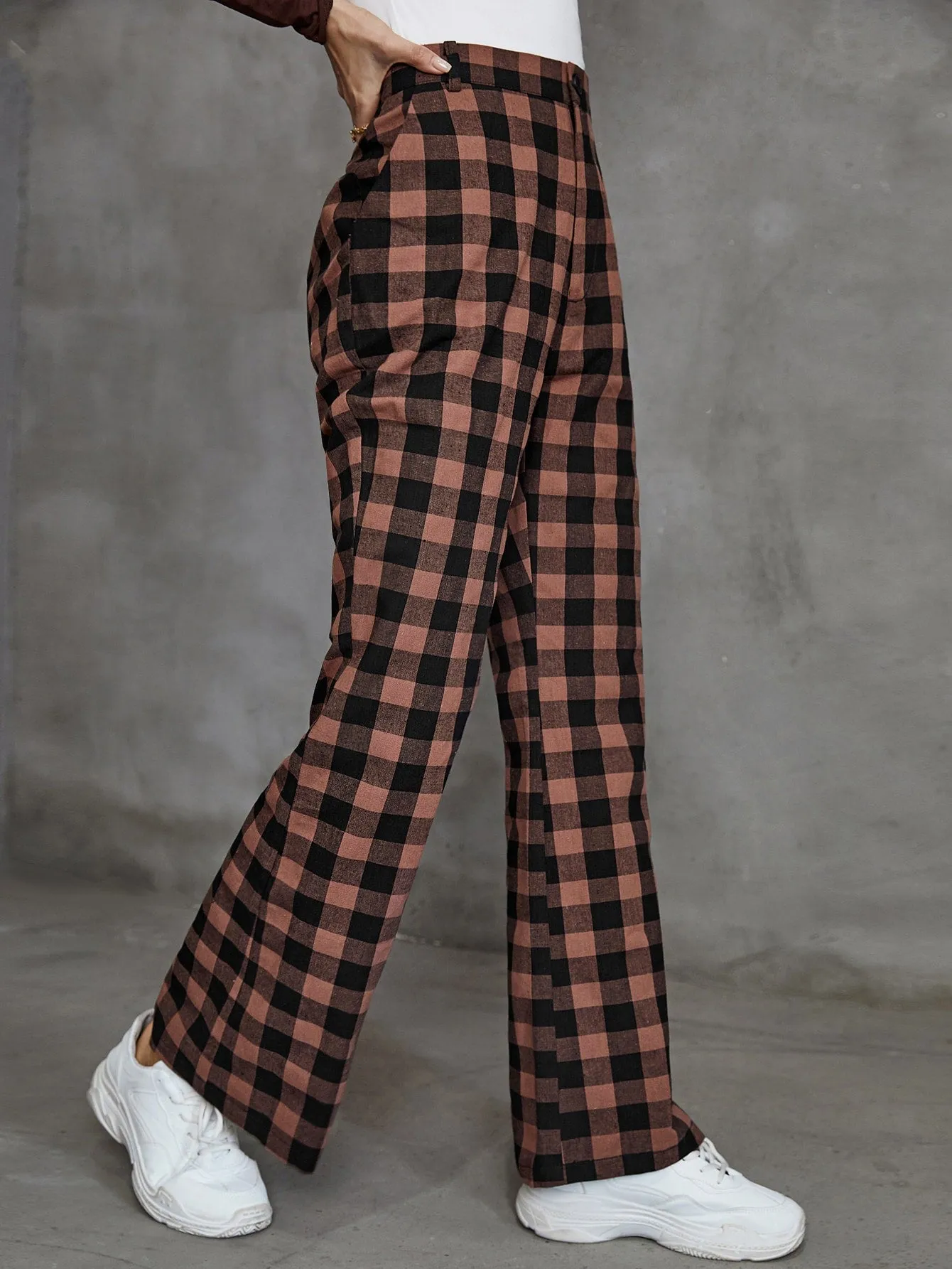 Casual Gingham Zipper High Waist Long Women Pants