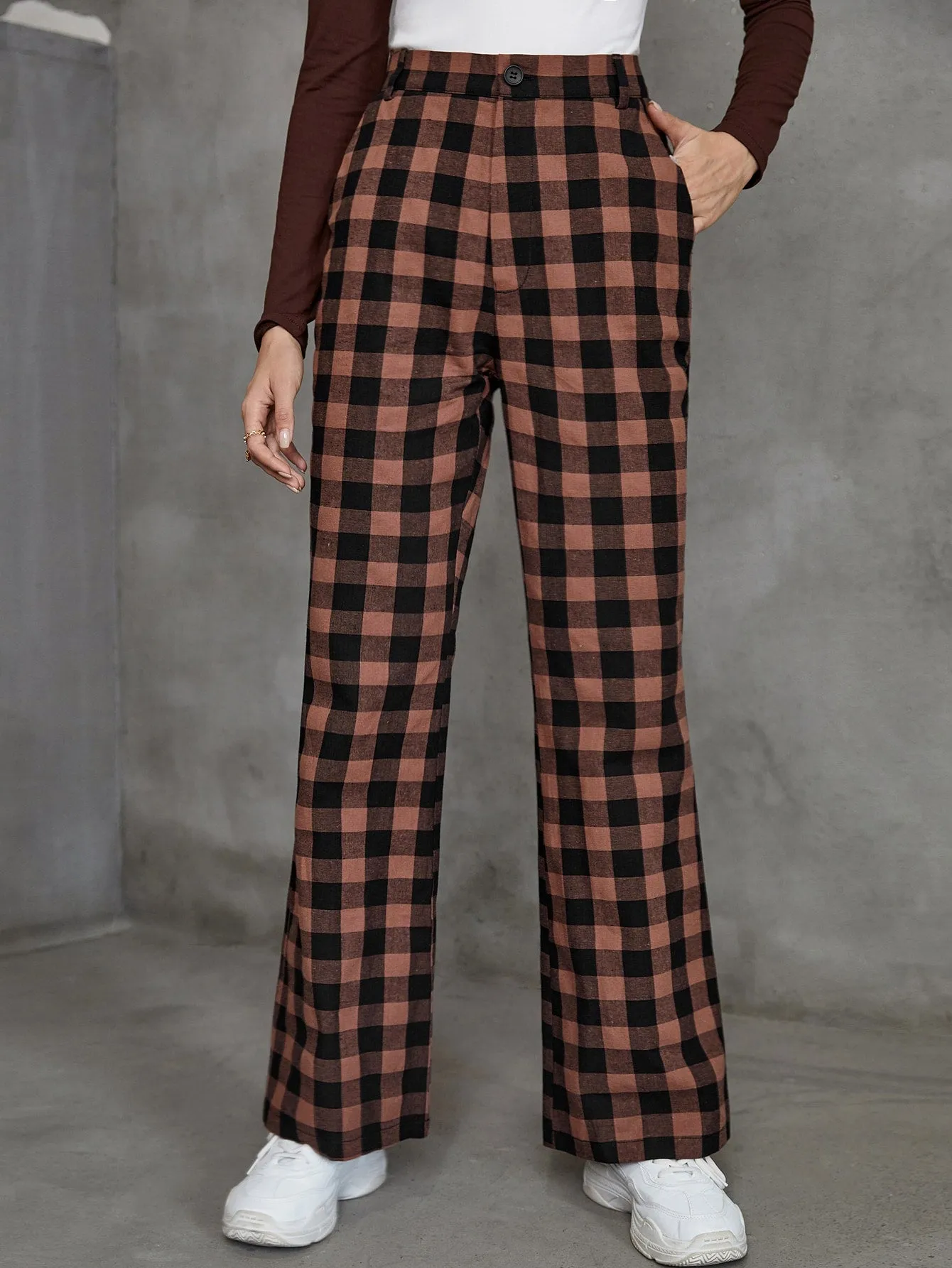Casual Gingham Zipper High Waist Long Women Pants