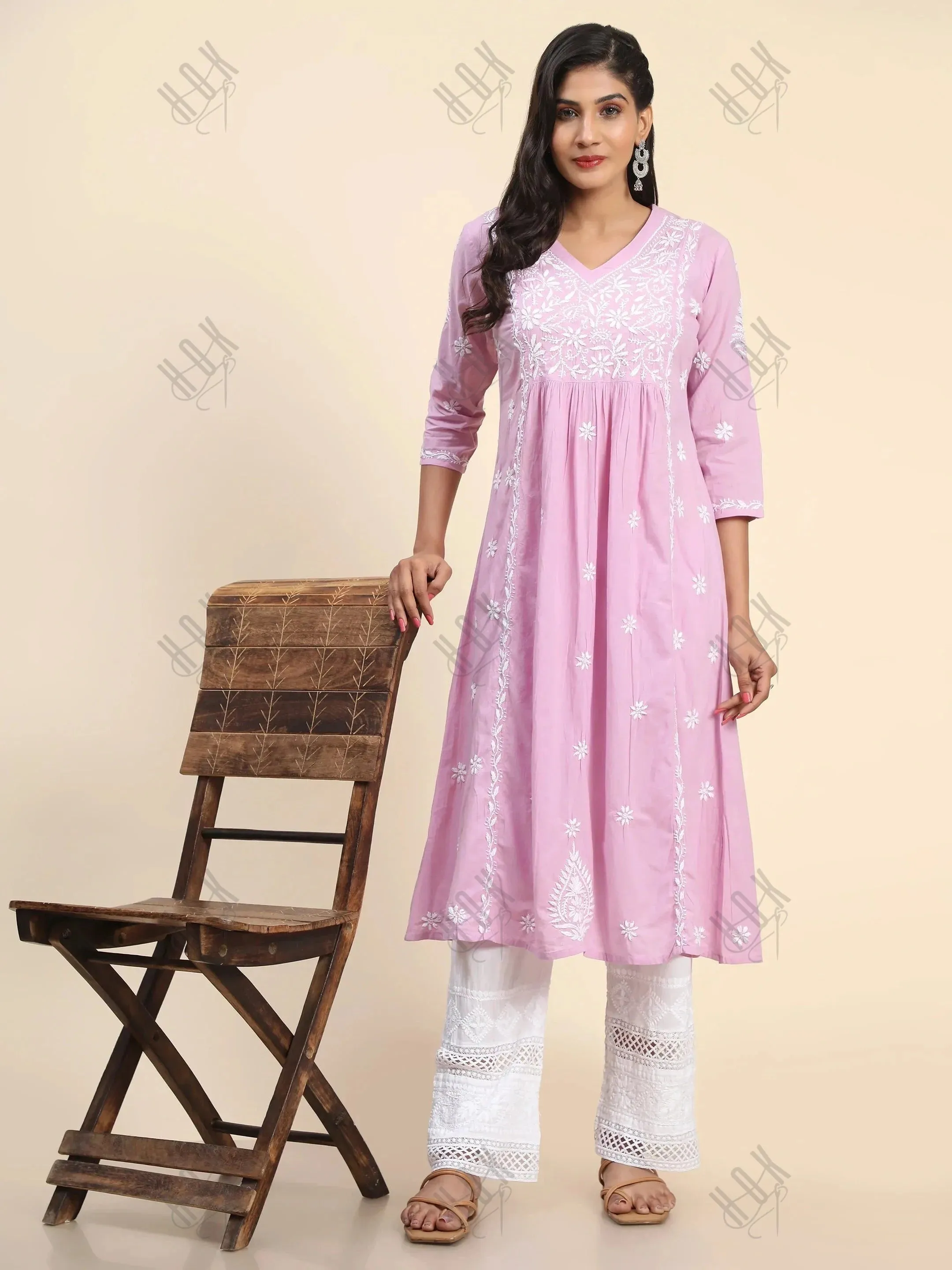 Chahat in Noor Hand Embroidered Chikankari  Long A-Line Kurti for Women- Lavender