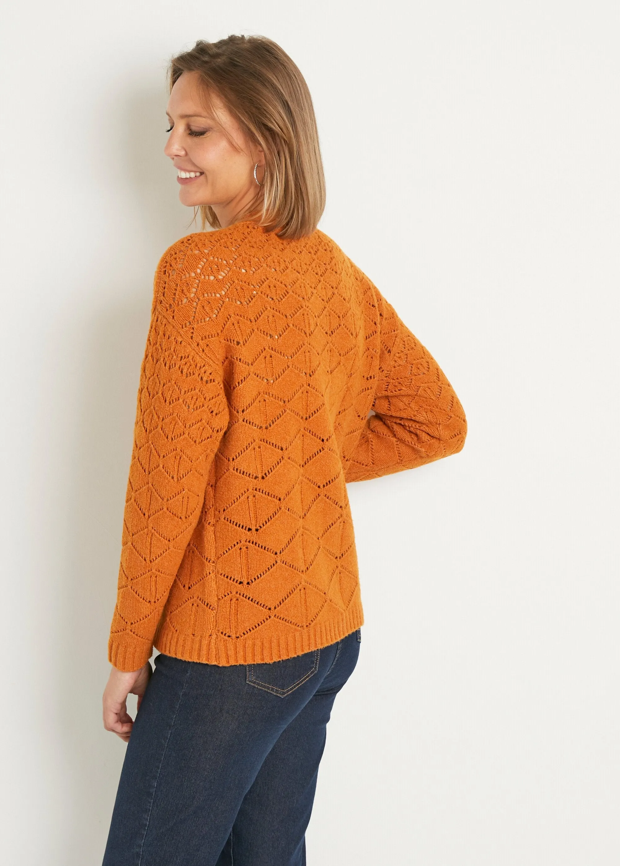 Gilet court ajouré col V boutonné uni