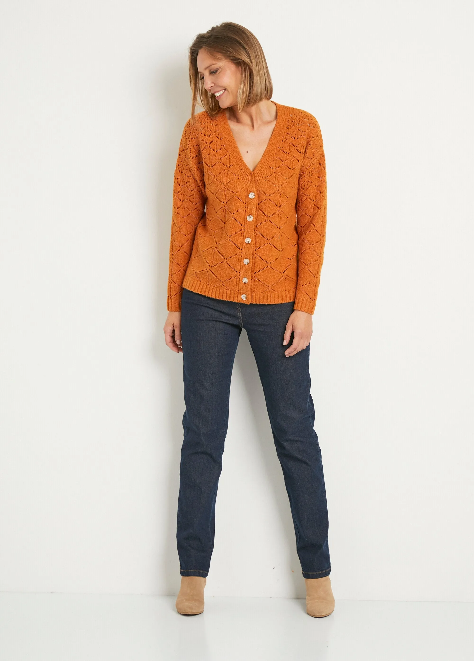 Gilet court ajouré col V boutonné uni