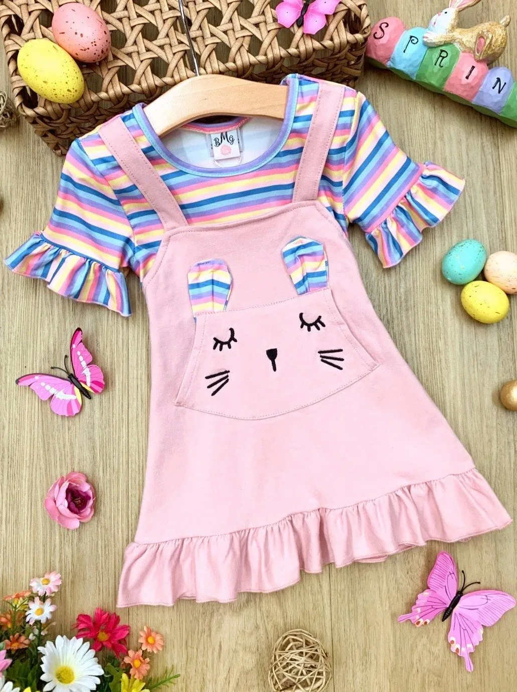 Girls Bunny Ears Top and Overall Dress Set