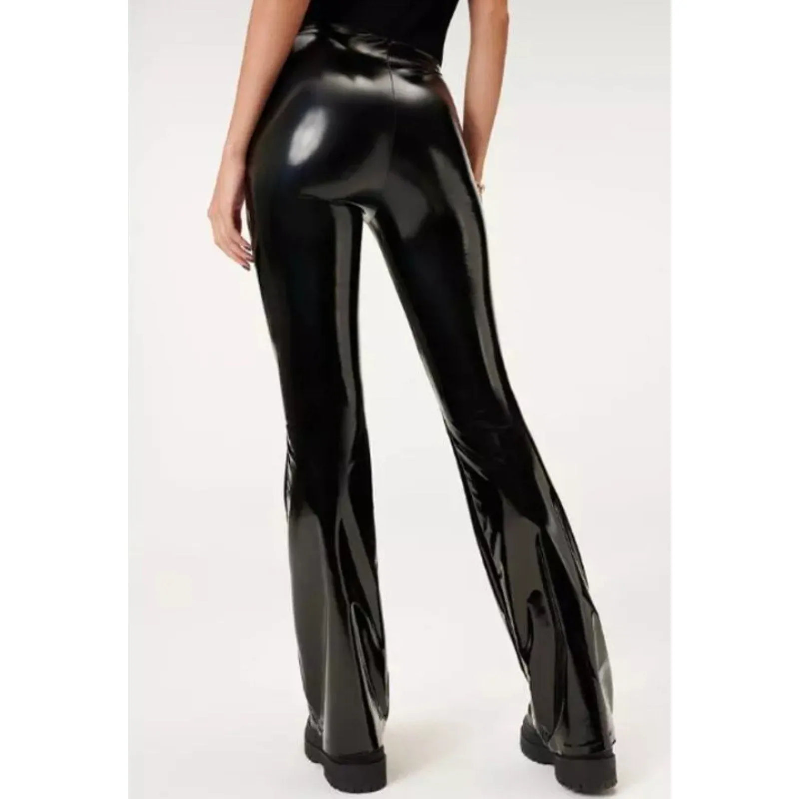 GOOD AMERICAN Women's Faux Leather Flare Leggings Size 1 Small Black Vinyl NWT