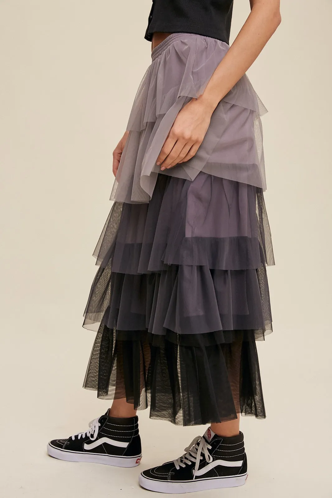 Gradient Style Tiered Mesh Maxi Skirt