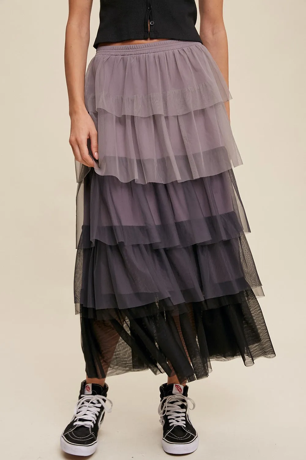 Gradient Style Tiered Mesh Maxi Skirt