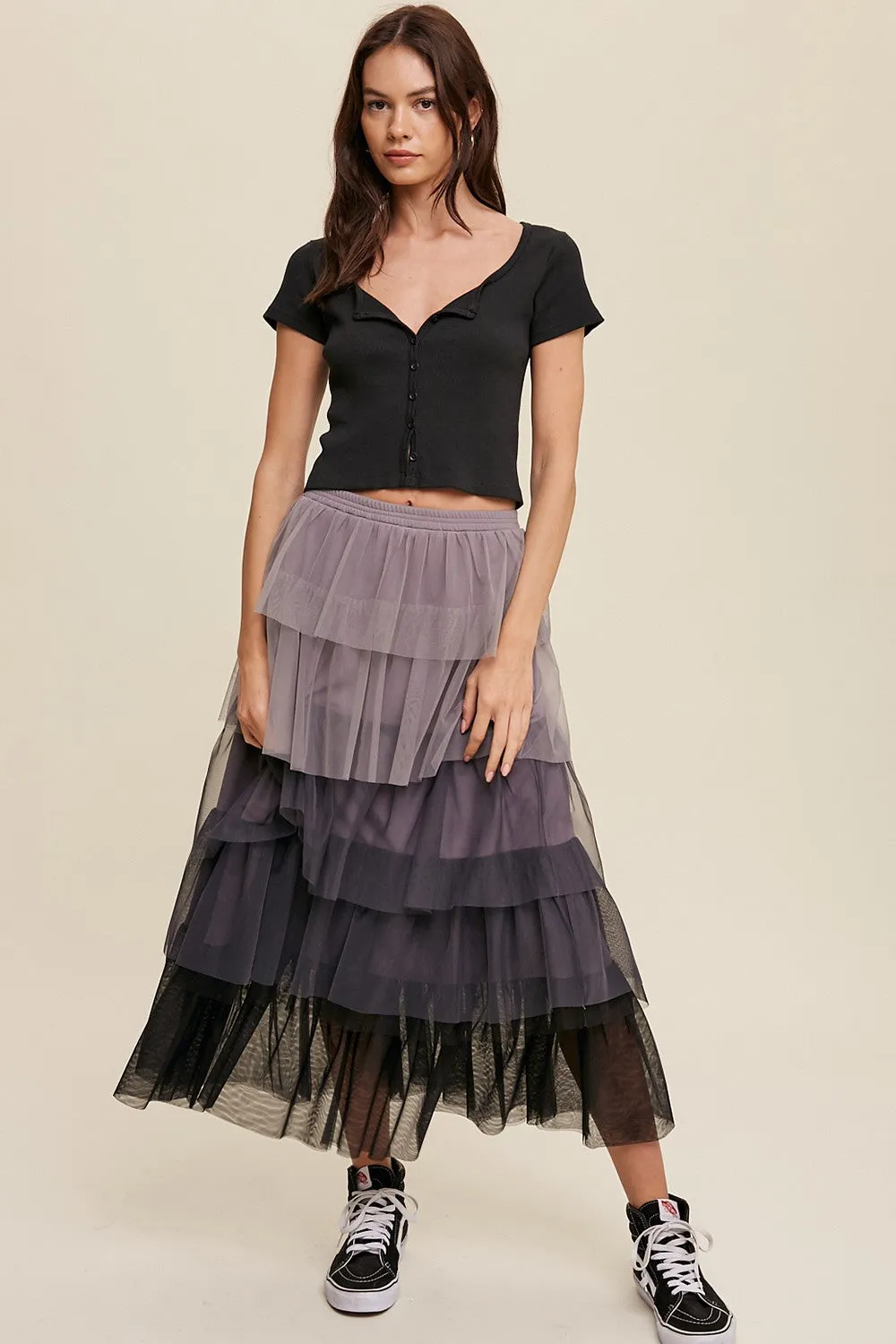 Gradient Style Tiered Mesh Maxi Skirt