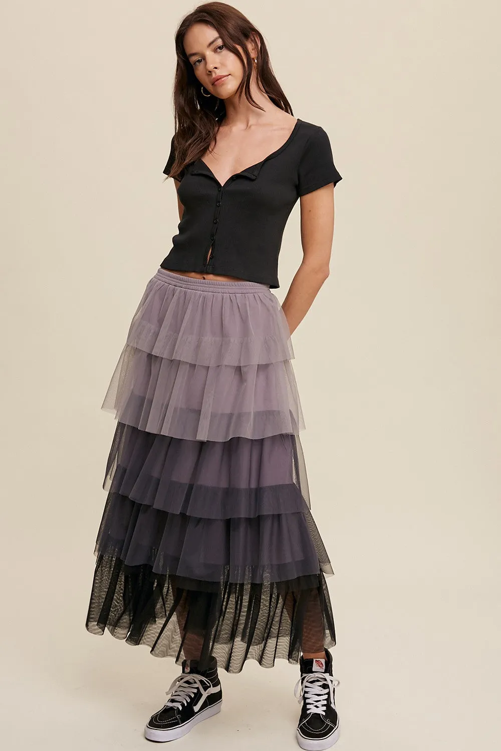 Gradient Style Tiered Mesh Maxi Skirt