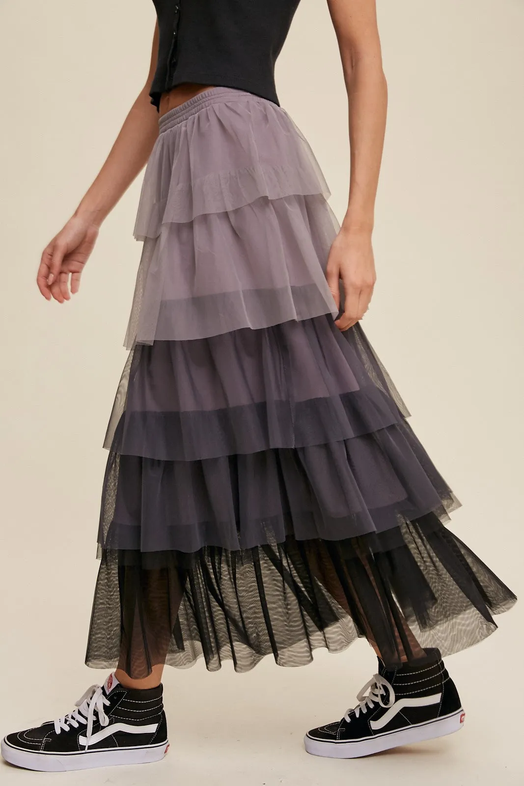Gradient Style Tiered Mesh Maxi Skirt