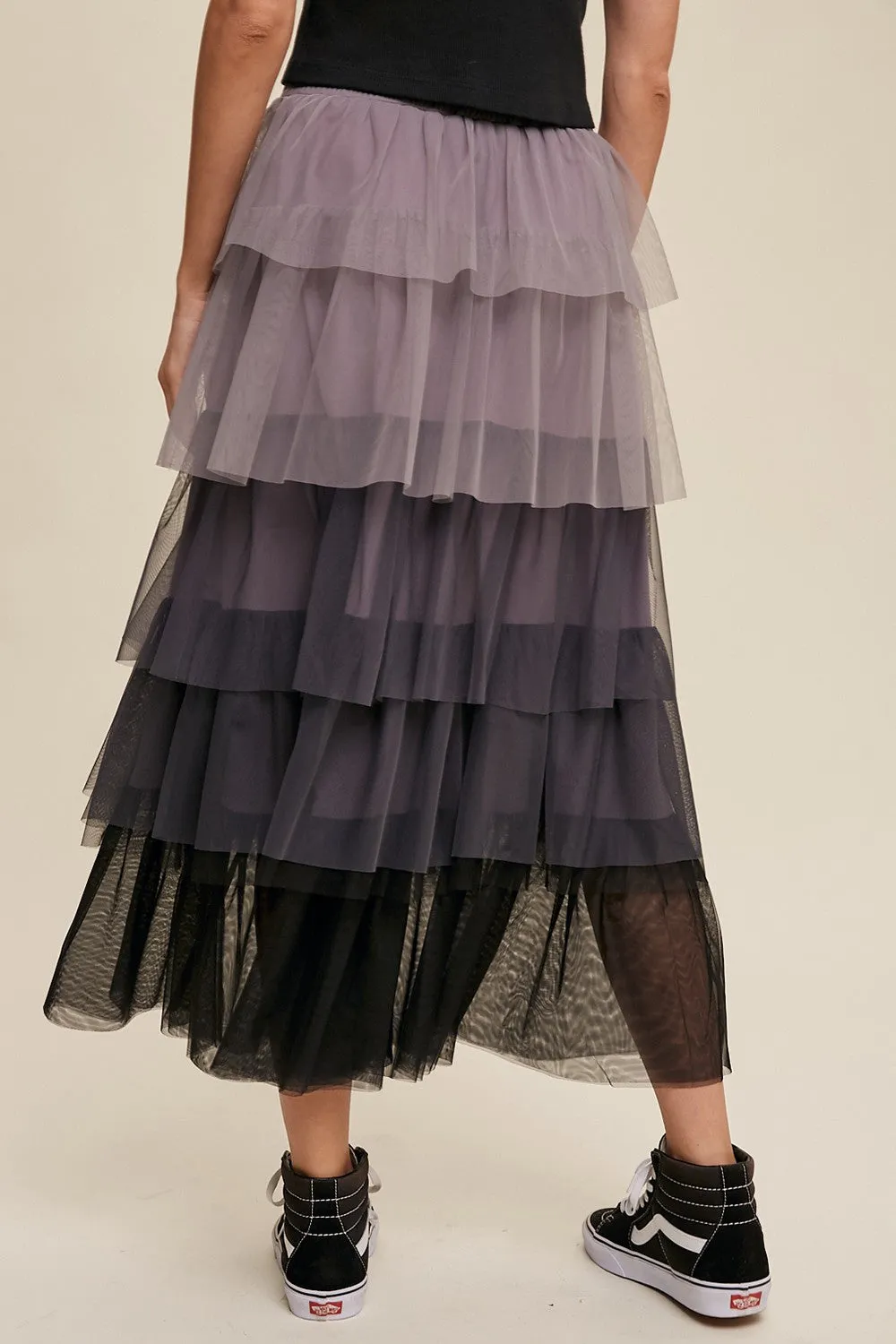 Gradient Style Tiered Mesh Maxi Skirt