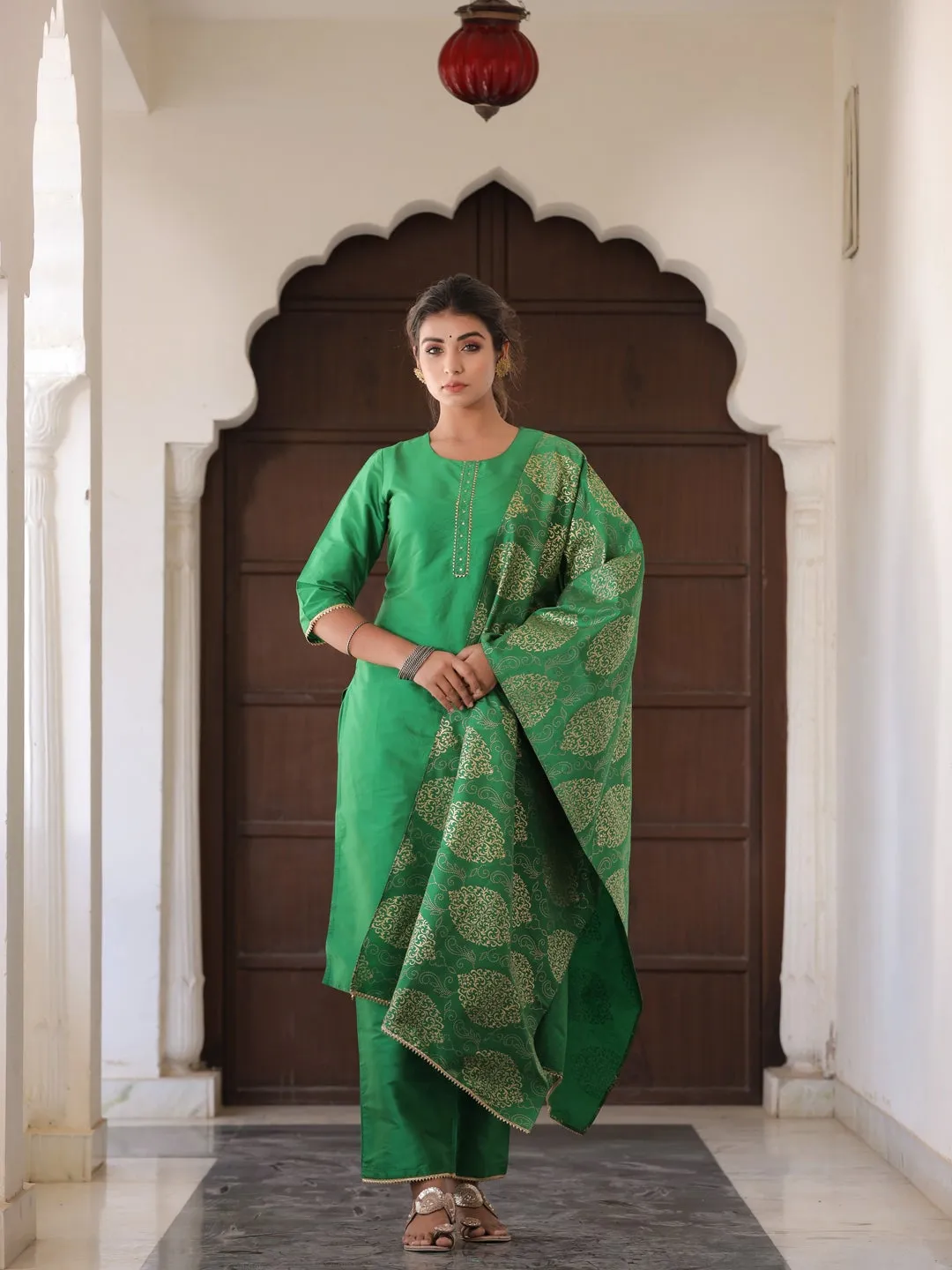 Green Solid Straight Kurta with Gotta work on Palazzo & Printed Dupatta