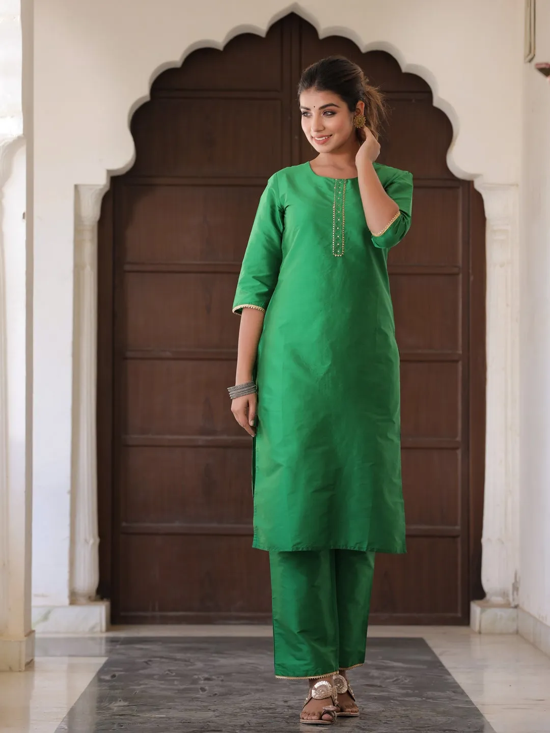 Green Solid Straight Kurta with Gotta work on Palazzo & Printed Dupatta