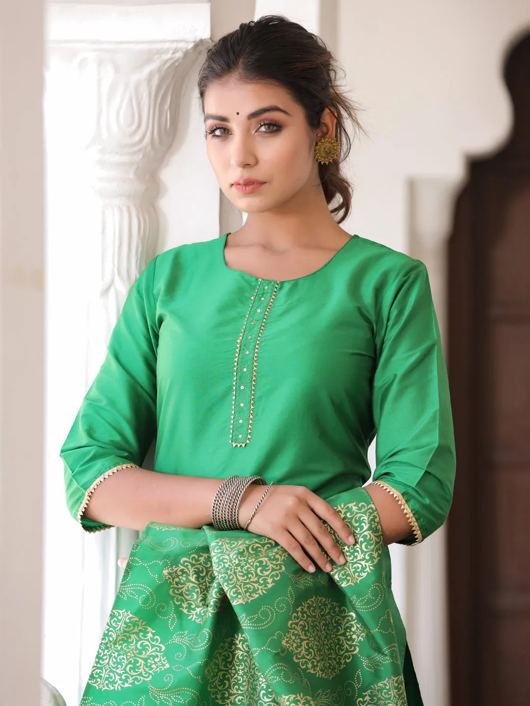 Green Solid Straight Kurta with Gotta work on Palazzo & Printed Dupatta