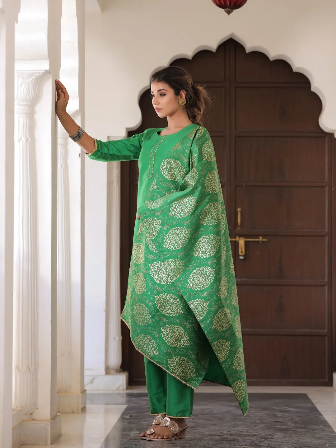 Green Solid Straight Kurta with Gotta work on Palazzo & Printed Dupatta