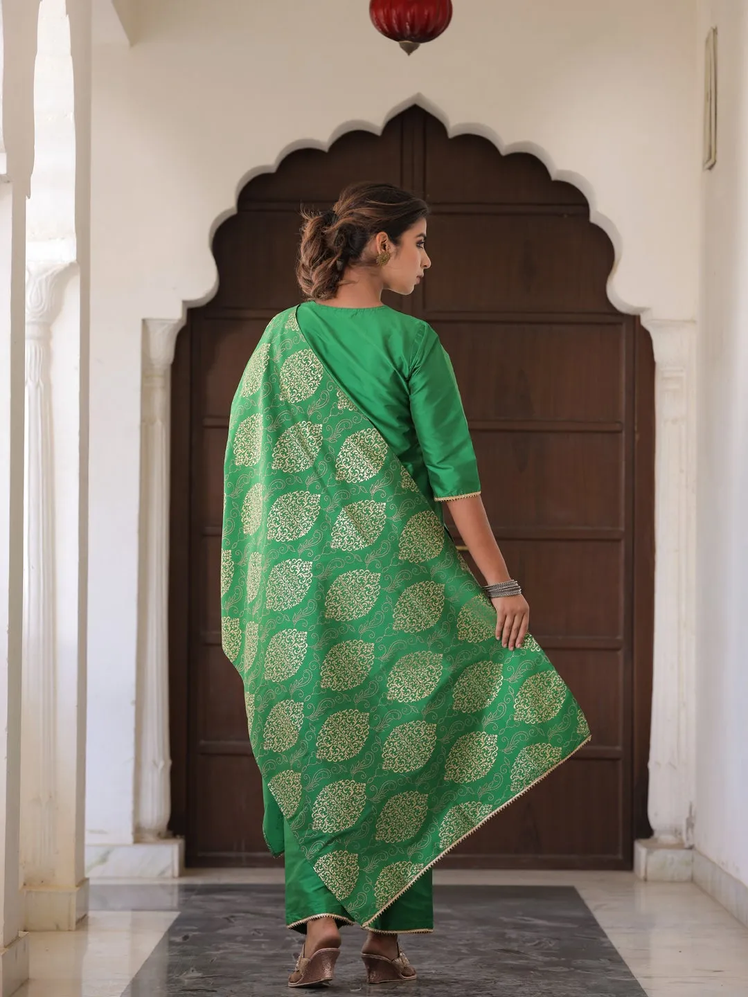 Green Solid Straight Kurta with Gotta work on Palazzo & Printed Dupatta