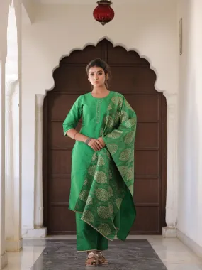 Green Solid Straight Kurta with Gotta work on Palazzo & Printed Dupatta