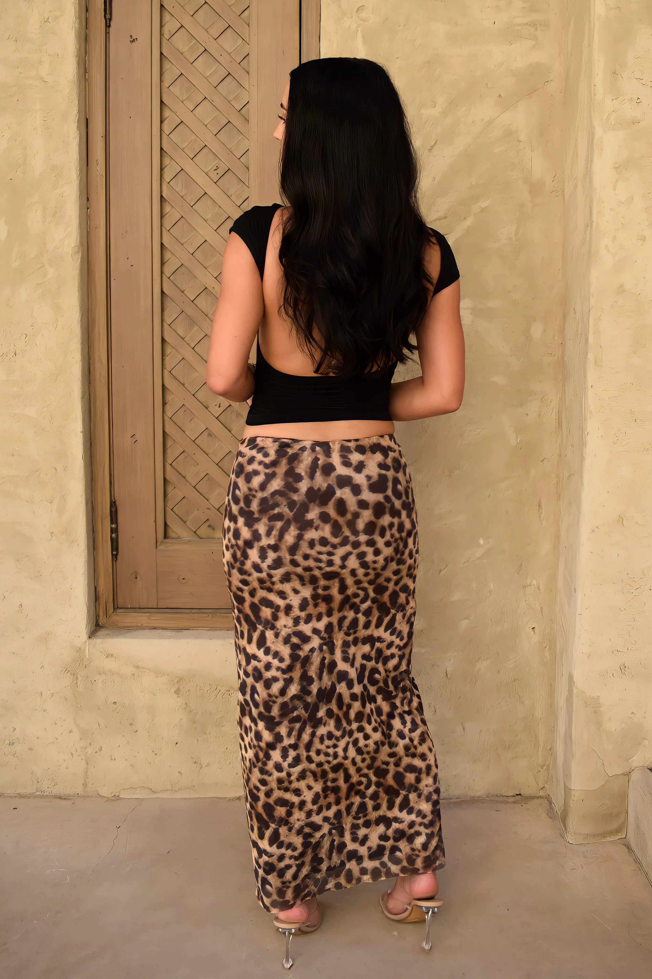 Leopard Print Low Rise Mesh Maxi Skirt
