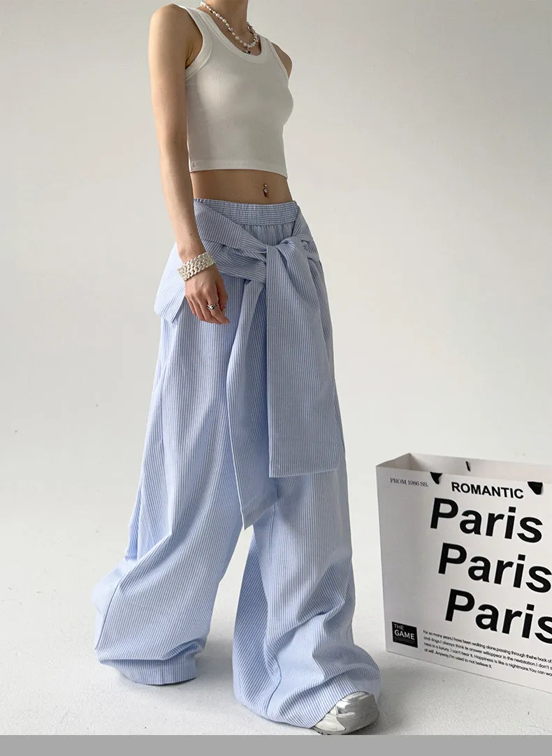 Loose Comfy Striped Lace-up Wide-leg Pants