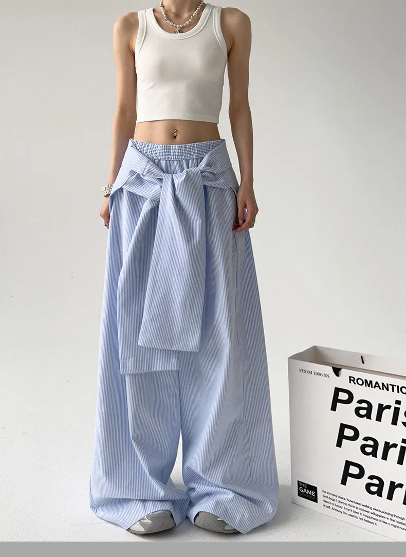 Loose Comfy Striped Lace-up Wide-leg Pants