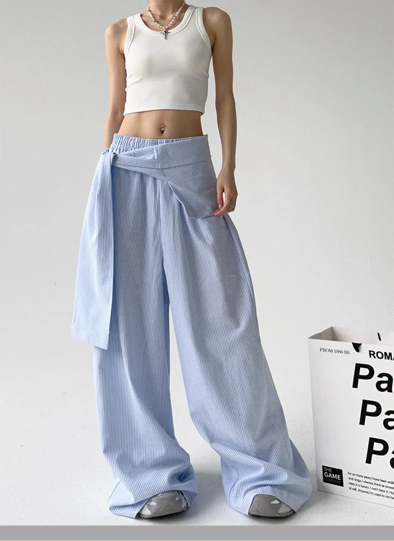 Loose Comfy Striped Lace-up Wide-leg Pants