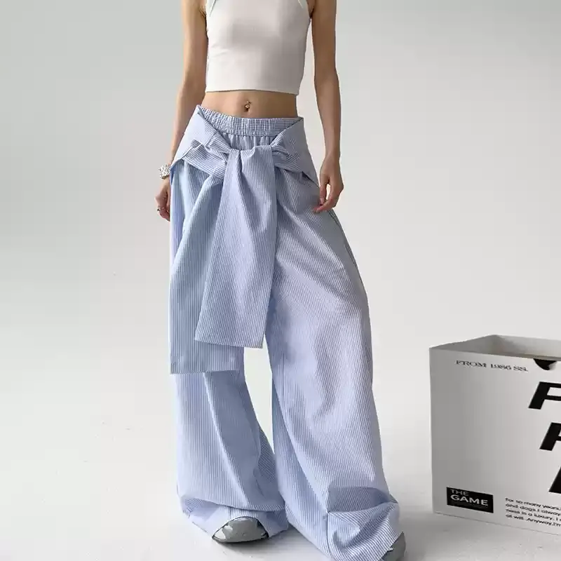 Loose Comfy Striped Lace-up Wide-leg Pants