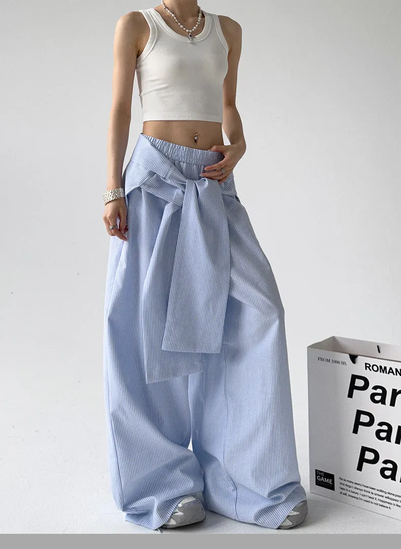 Loose Comfy Striped Lace-up Wide-leg Pants