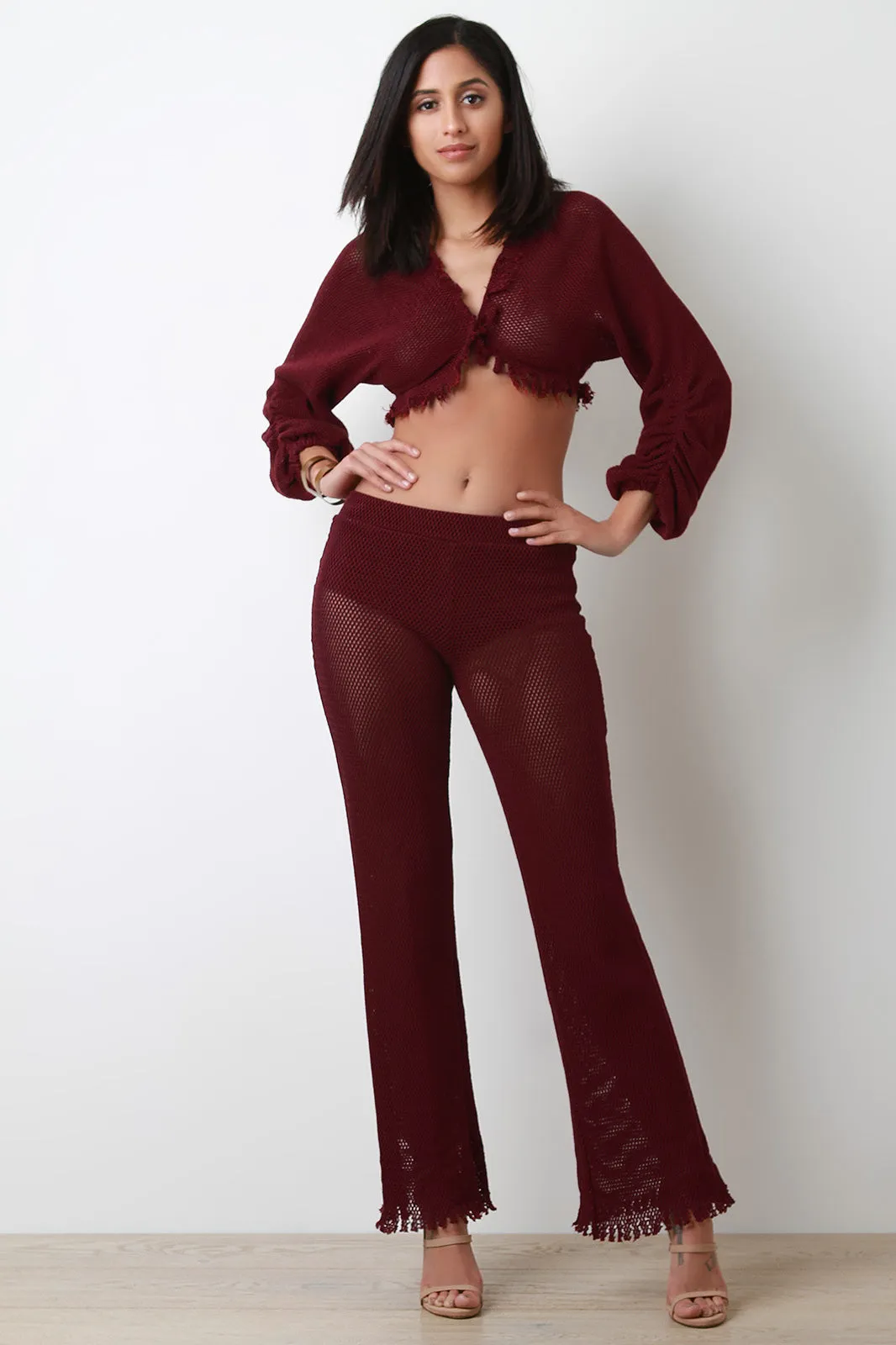 Loose Knit Frayed Hem Flared Pants