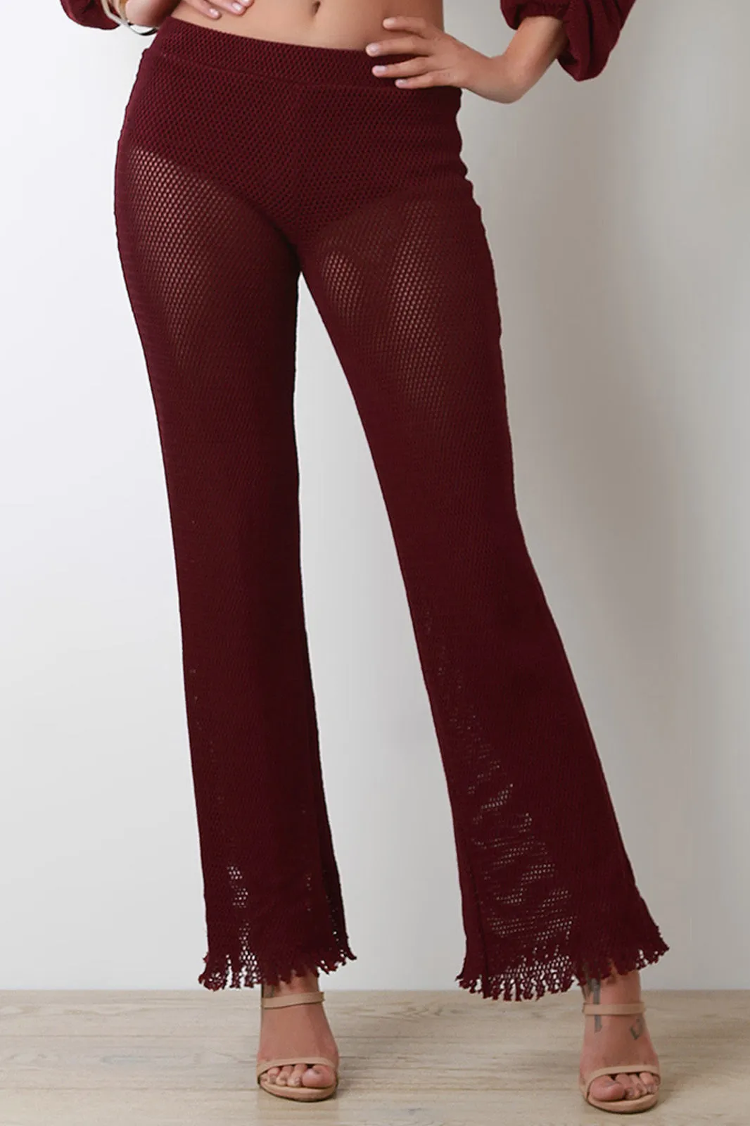 Loose Knit Frayed Hem Flared Pants