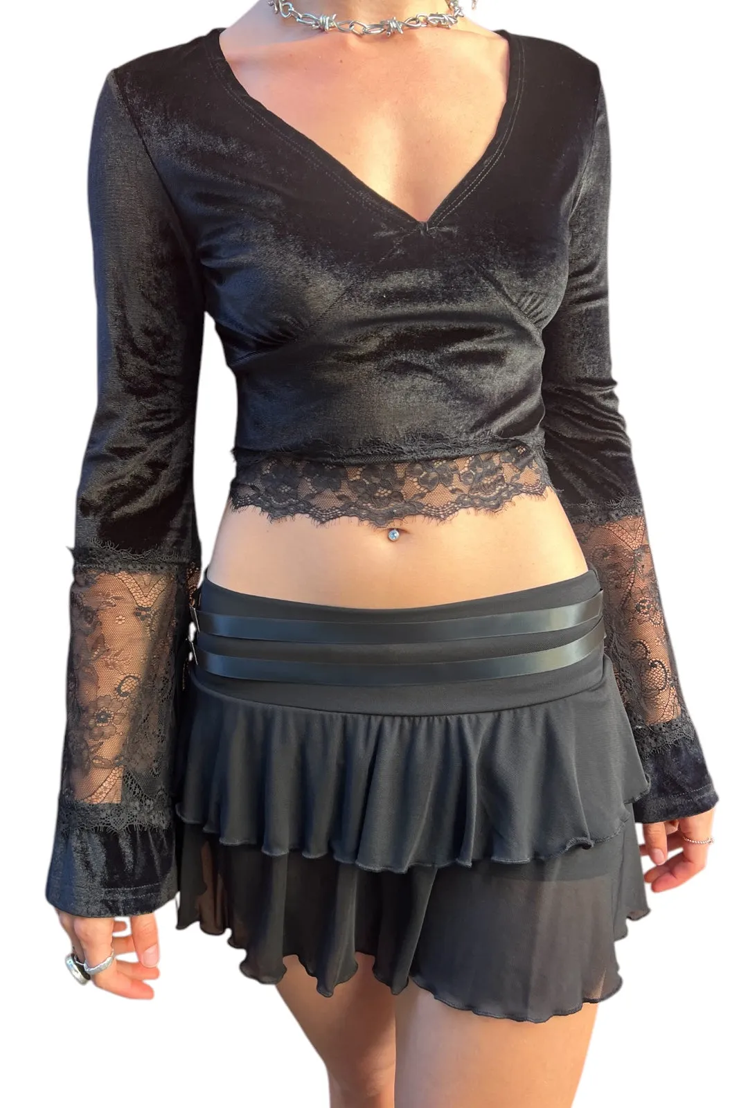 Low Waist Black Mesh Ruffle Skirt