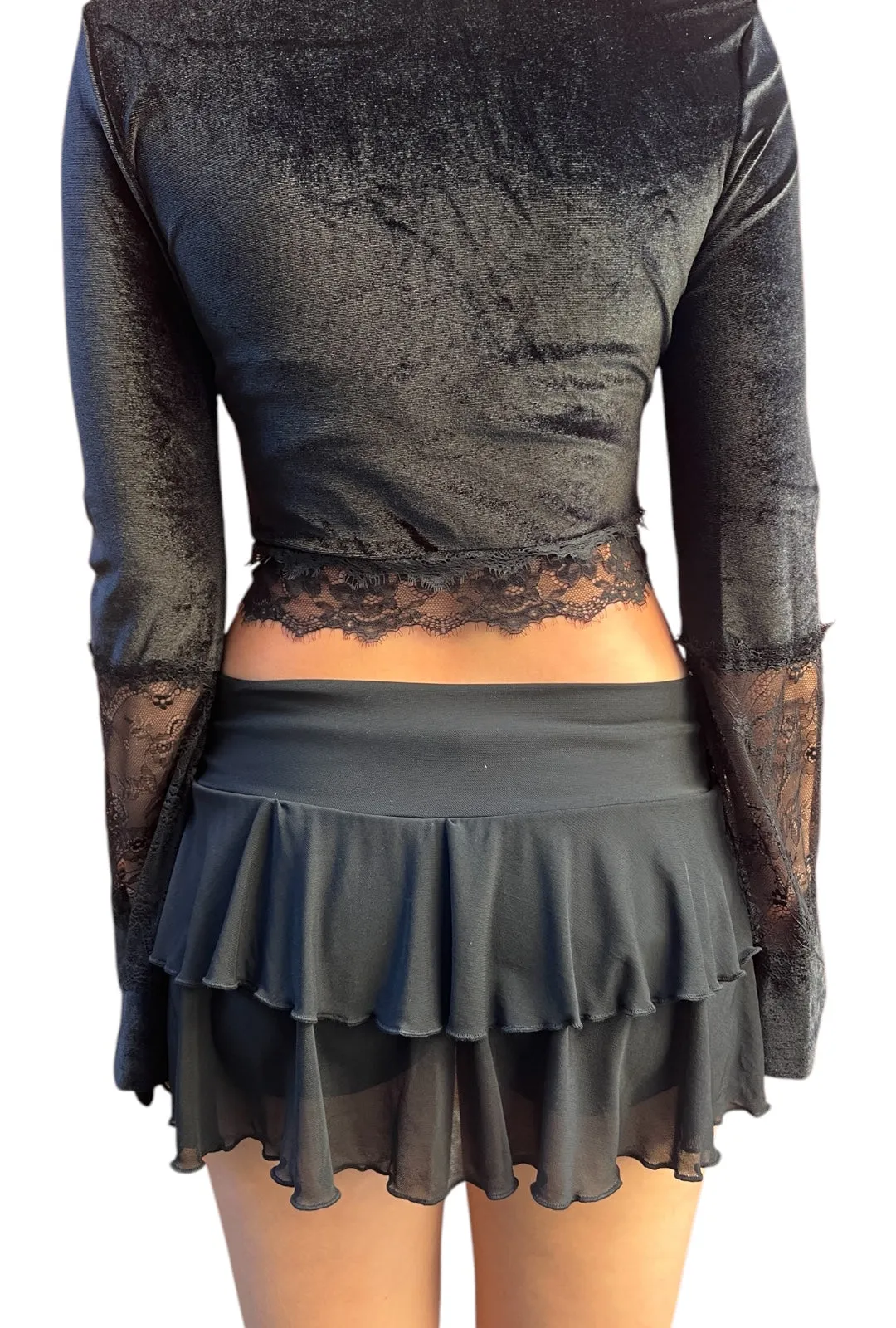 Low Waist Black Mesh Ruffle Skirt