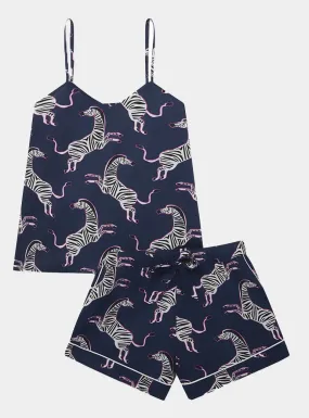 Pink Zebra on Navy Women's Cami Organic Cotton Short Set
