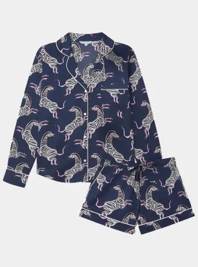 Pink Zebra on Navy Women's Long Sleeve Organic Cotton Pyjama Short Set