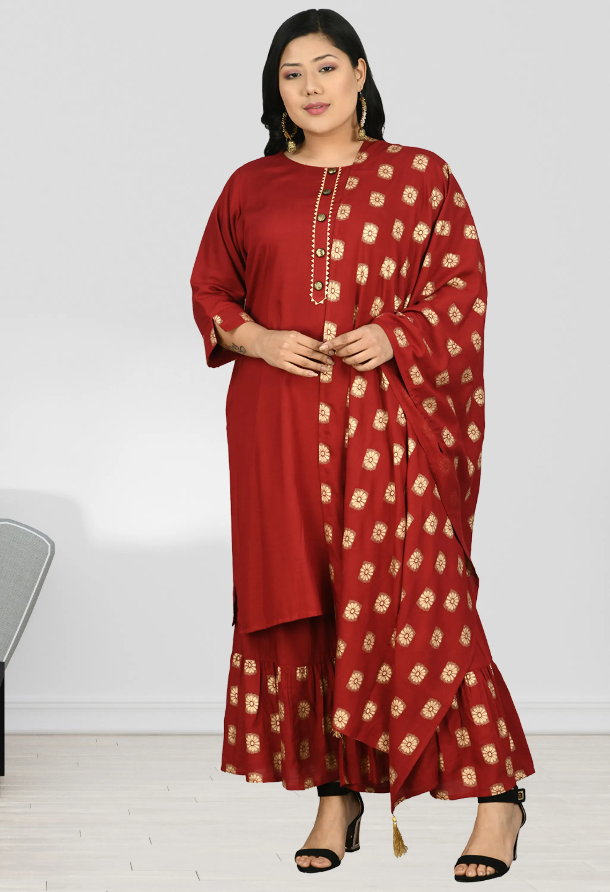 Plus Size Classic Maroon Designer Sharara Set