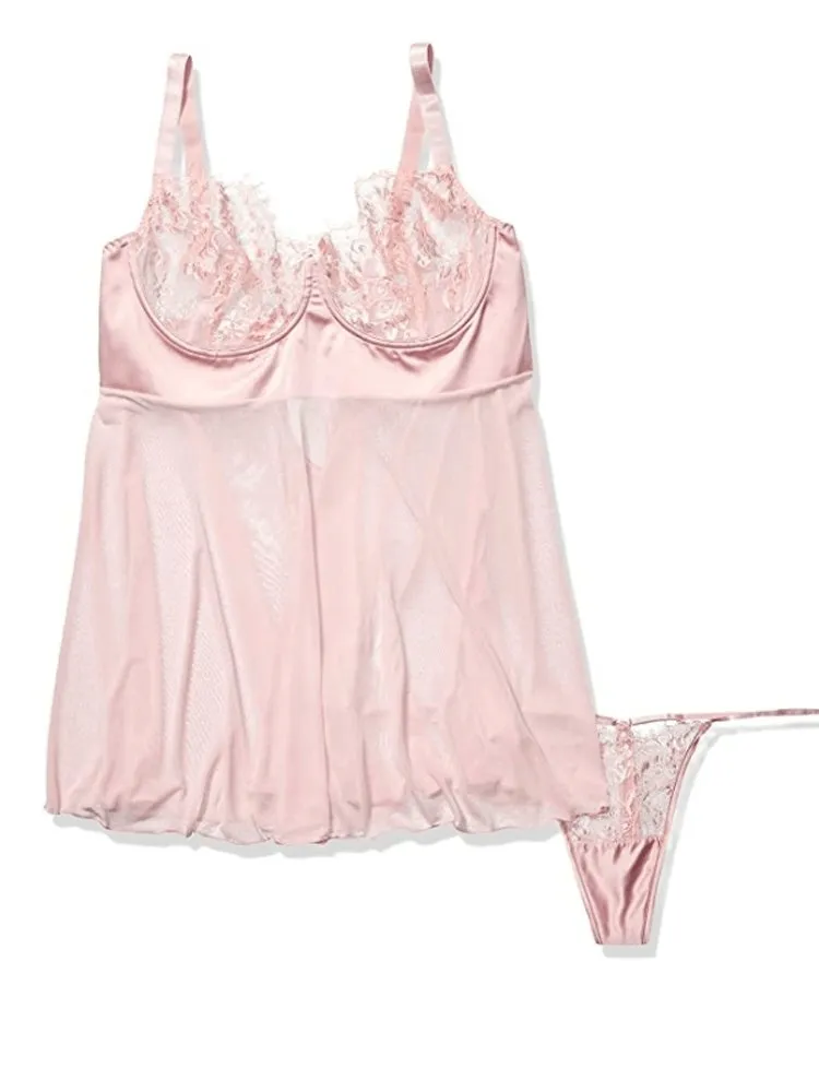 Plus Size Pink Lace & Satin Babydoll