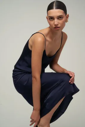 SATIN MAXI SLIP DRESS IN NAVY