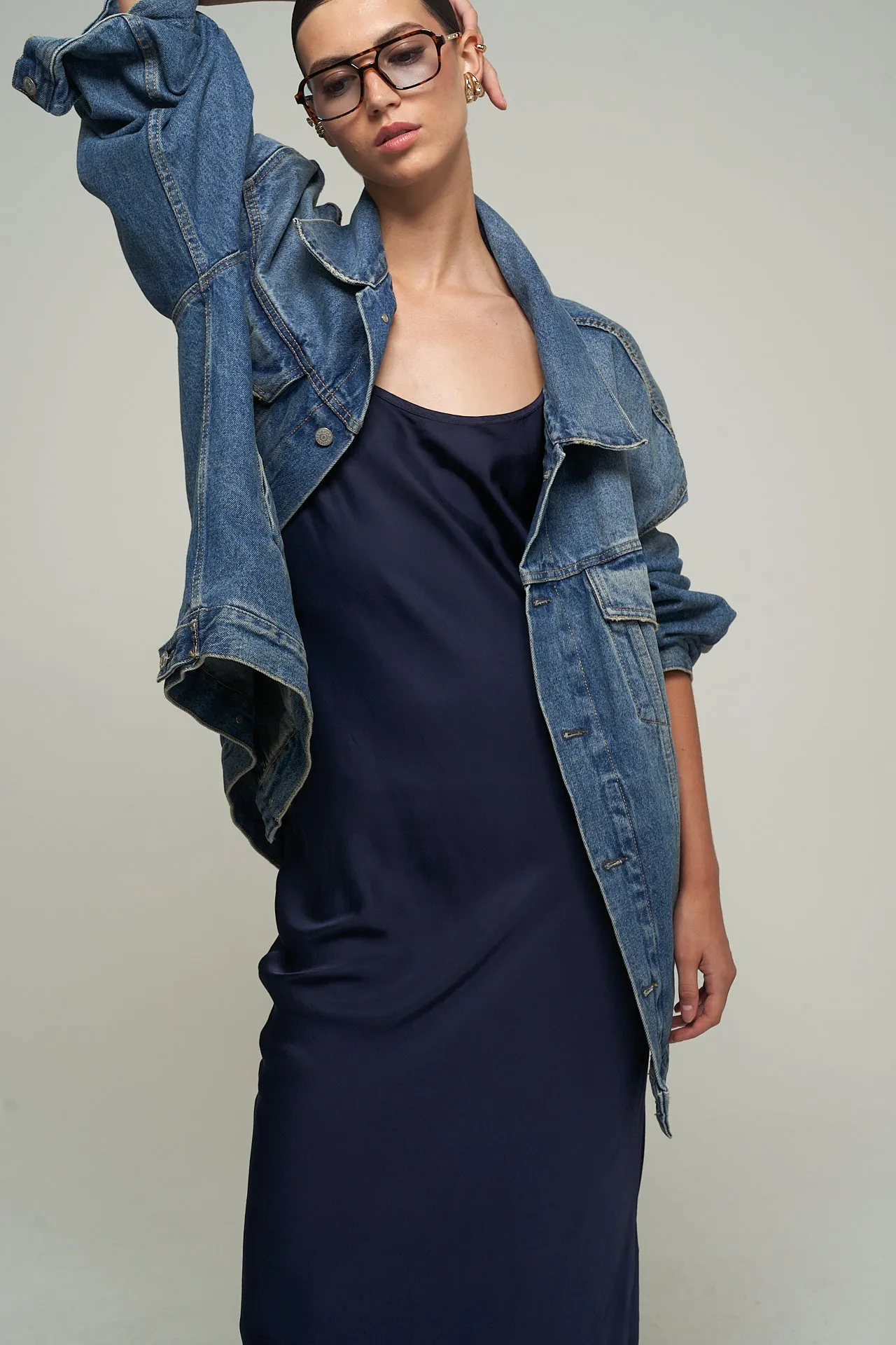 SATIN MAXI SLIP DRESS IN NAVY