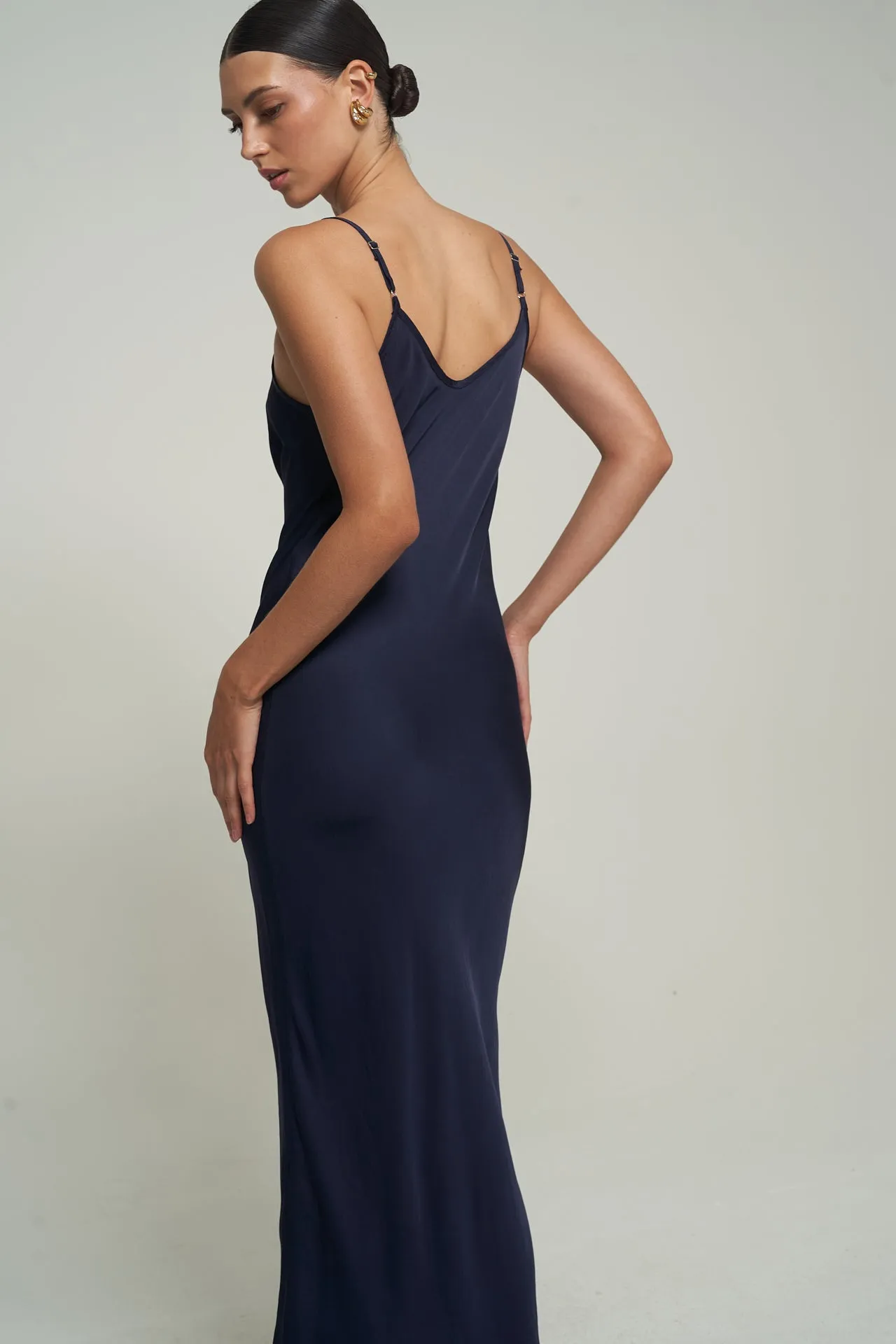SATIN MAXI SLIP DRESS IN NAVY