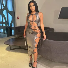 Silver Lace-Up Bodycon Dress