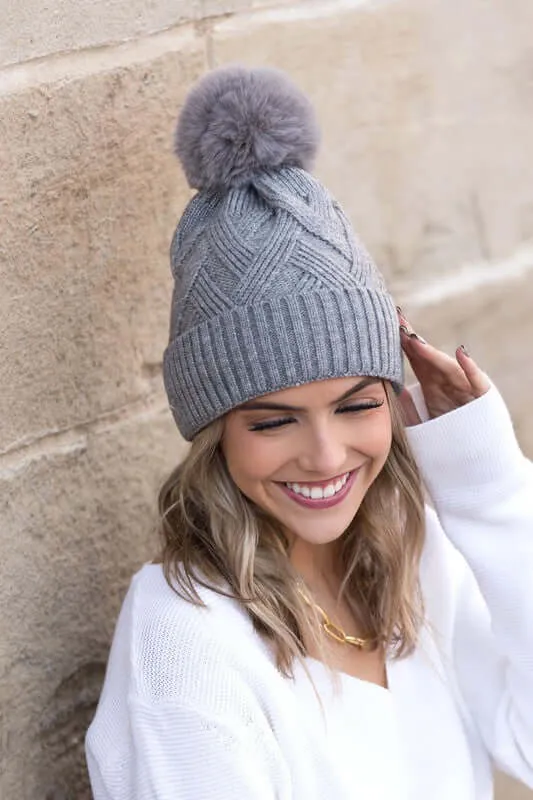 Soft Chunky Knit Fur Pom Beanie Hat