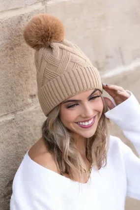 Soft Chunky Knit Fur Pom Beanie Hat