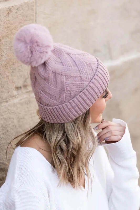 Soft Chunky Knit Fur Pom Beanie Hat