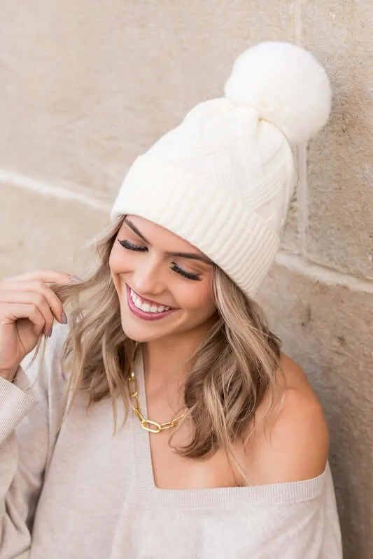 Soft Chunky Knit Fur Pom Beanie Hat